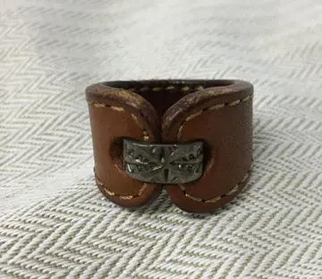 가죽 & 실버 모토 콤비 반지 반지 16호 정도 브라운 새상품급