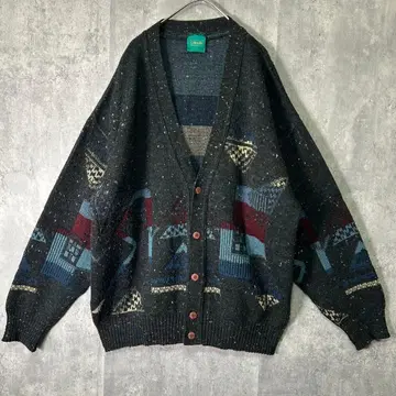 유로 빈티지 자카드 니트 가디건 올 패턴 서리 내린 듯한 차콜