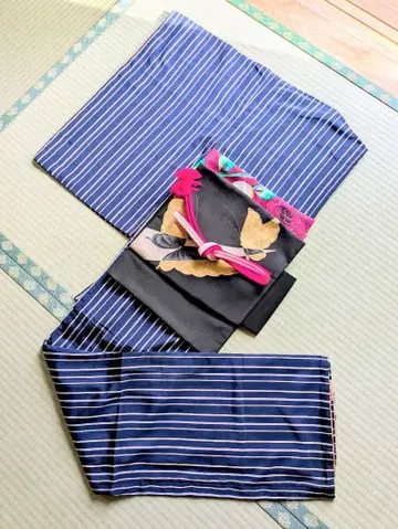 파랑과 하양 스트라이프 코몬 순수 실크 빈티지 앤티크 이중 기모노