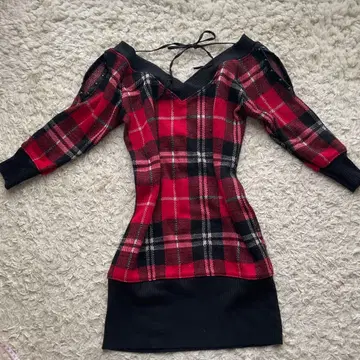 펑크 스타일 빨검 체크 V넥 미니 원피스