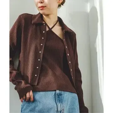 토탄 골지 셔츠 가디건 브라운