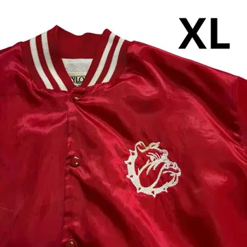 80s 90s USA제 불독 자수 나일론 바시티 자켓 빨간색 화이트 XL
