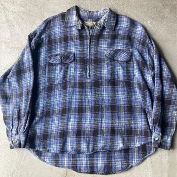 90s 플란넬 셔츠 섀도우 체크 하프 지퍼 XL vintage