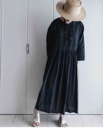 licot 작가 블랙 개더 원피스 린넨