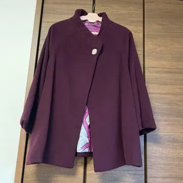 보라색 울 코트 실크 일본풍 패턴 안감 부착