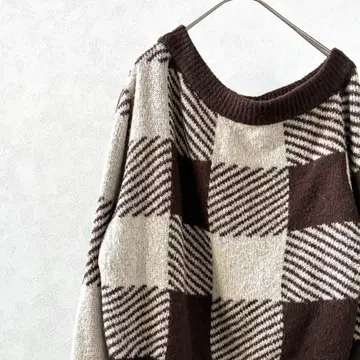 rienda 니트 스웨터 체크 무늬 원숄더 비대칭