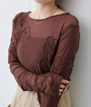 플라워 코드 자수 시어 TOPS Kastane 브라운