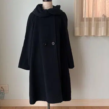 블랙 더블 버튼 롱 코트 망토 울 실크