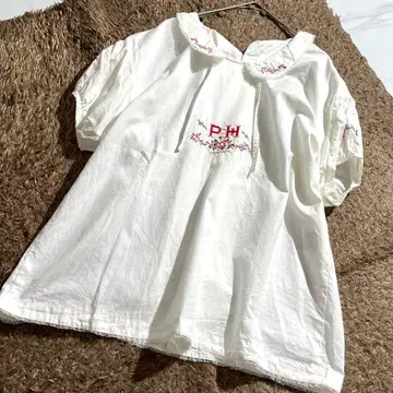 구하기 어려움 핑크하우스 반팔 셔츠 상의 블라우스 로고 자수 화이트