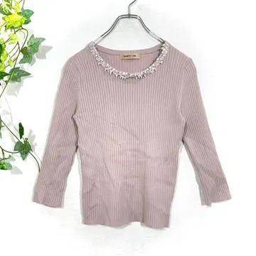 아푸와이저 리셰 리브 니트 비쥬 넥 펄 긴팔 연보라 M