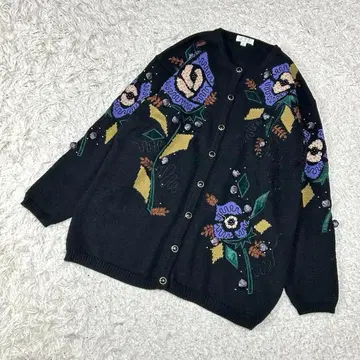 입체 장식 꽃무늬 니트 가디건 자수 비쥬 엘레강트 레트로 블랙