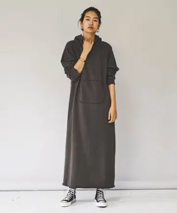 GOOD GRIEF! &RC 후드 맨투맨 원피스 카키 데미지 가공