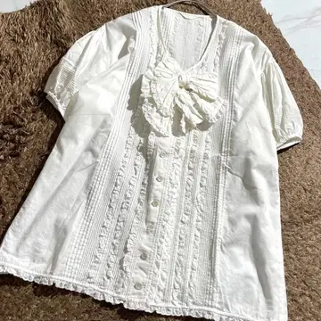 구하기 어려움 핑크하우스 피코 가공 리본 프릴 레이스 블라우스 화이트