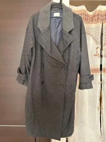 KBF 그레이 더블 브레스트 롱 코트