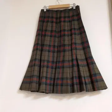 울 체크 롱 플레어 스커트 브라운 그린 브라운 턱 스커트