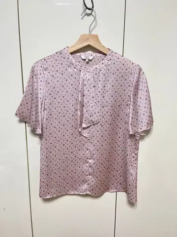 도트 무늬 리본 포함 반팔 블라우스 핑크