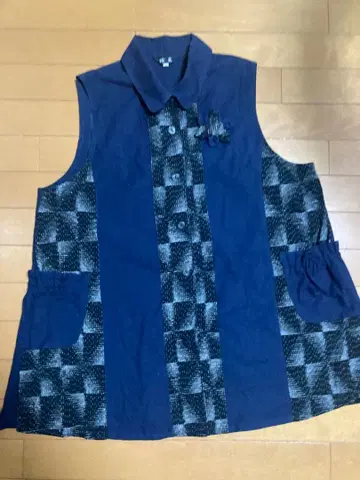 네이비 나염 쿠메슈리 미사용 버튼 포함 베스트 직조풍