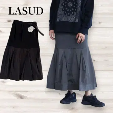 LASUD 플레어 롱 스커트 블랙 이소재 허리밴딩