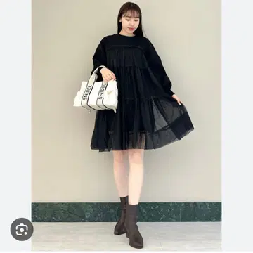 snidel 튤 레이어드 맨투맨 원피스 블랙