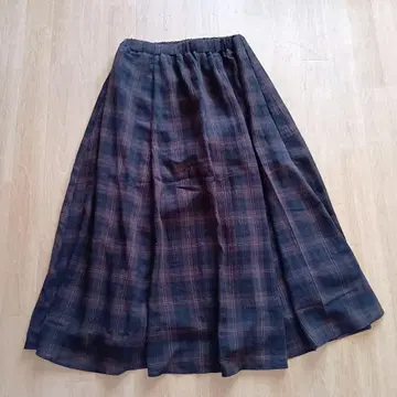 사만사 모스모스 블루 타탄 체크 플레어 롱 스커트 브라운