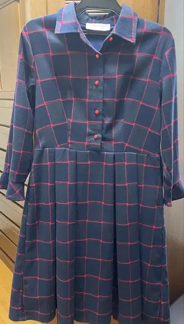 [레트로풍] 네이비 레드 체크 무늬 7부 소매 원피스