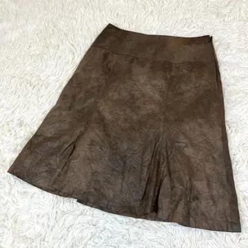 스마트 핑크 인조 가죽 A라인 주름 가공 플레어 스커트 브라운