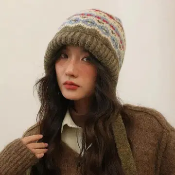 페어아일 니트 모자 올리브 그린