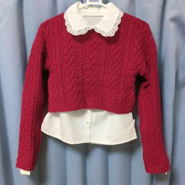 빨간색 케이블 니트 크롭 스웨터와 셔츠 세트