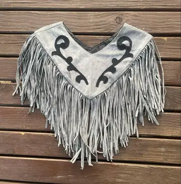 90s 빈티지 스웨이드 가죽 프린지 탈부착 카라 그레이