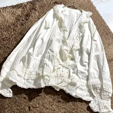 구하기 어려움 핑크하우스 긴팔 셔츠 프릴 레이스 원단 화이트 리본