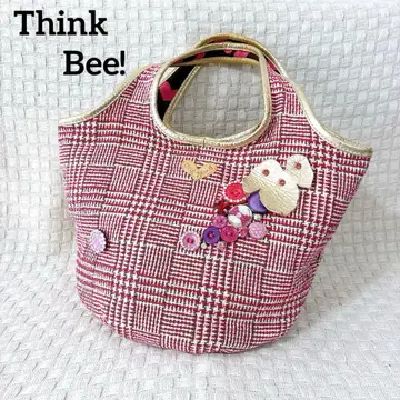 Think Bee! 핑크 체크 토트백 반짝이 버튼 귀여운