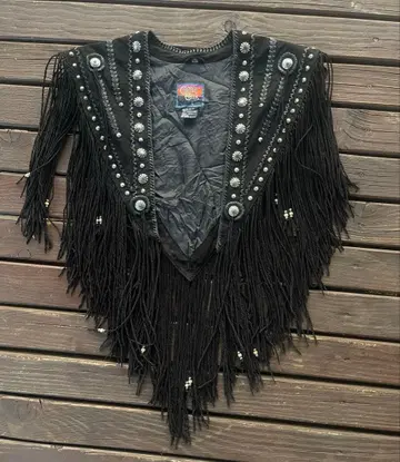 90sCRIPPLE CREEK 스웨이드 가죽 프린지 탈부착 카라 블랙