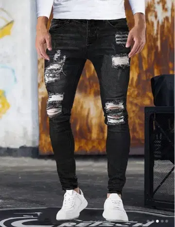 데미지 가공 스키니 핏 데님