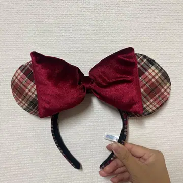 미키 귀 머리띠 체크 무늬 빨간색 리본 디즈니
