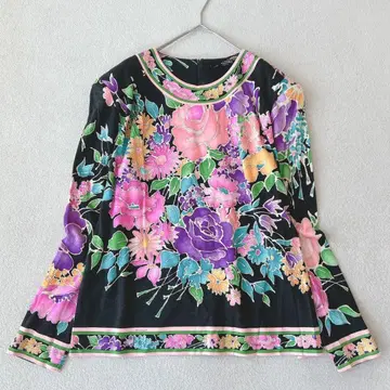 새상품급 LEONALD 블라우스 긴팔 울 x 실크 꽃무늬 트리밍 블랙 M