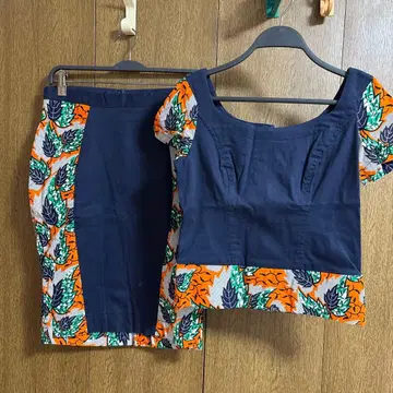 네이비 오렌지 잎 패턴 스커트 셋업 #아프리칸