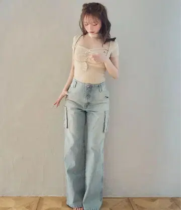 Andmary 백 리본 데님 카고 팬츠