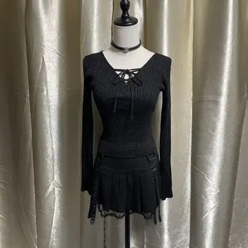 레이스업 라메 믹스 니트 타이트 헤이세이 갸루 다크코어