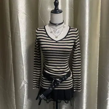 보더 무늬 니트 라메 믹스 울 혼방 타이트 평범한 갸루 y2k