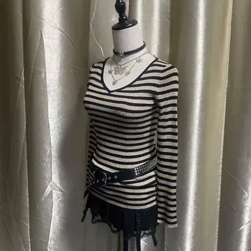 보더 무늬 니트 라메 믹스 울 혼방 타이트 헤이세이 갸루 y2k