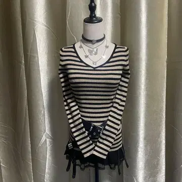 보더 무늬 니트 라메 믹스 울 혼방 타이트 헤이세이 갸루 y2k