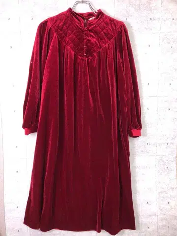 쇼와 레트로 도쿄 구제 의류 벨벳 퀼팅 스티치 긴팔 롱 원피스