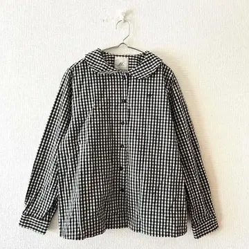 [511] 블라우스 체크 무늬 면 100% 둥근 카라 백 턱 LL