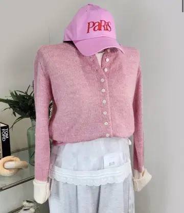 핑크 바이컬러 니트 가디건