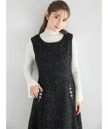 포켓 펄 비쥬 장식 스팽글 트위드 원피스