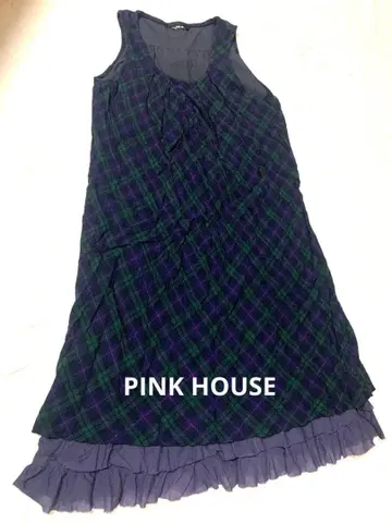 핑크하우스 타탄 체크 슬리브리스 원피스 그린 계열