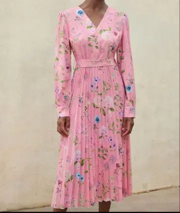 플라워 프린트 롱 원피스 핑크