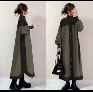 바이컬러 롱 원피스 가을/겨울 루즈핏 체형 커버 A라인 한국 스타일