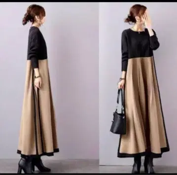 [미 실루엣] 바이컬러 롱 원피스 가을/겨울 A 라인 니트 절개