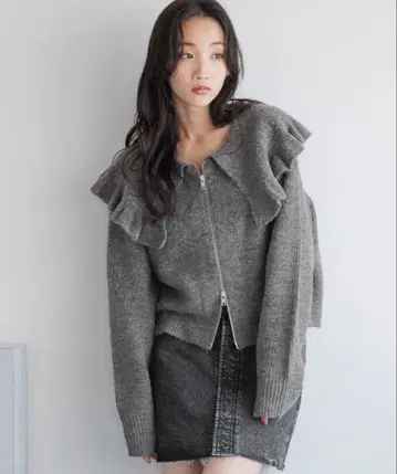 프릴 달린 그레이 니트 스웨터 프릴 BIG 칼라 가디건